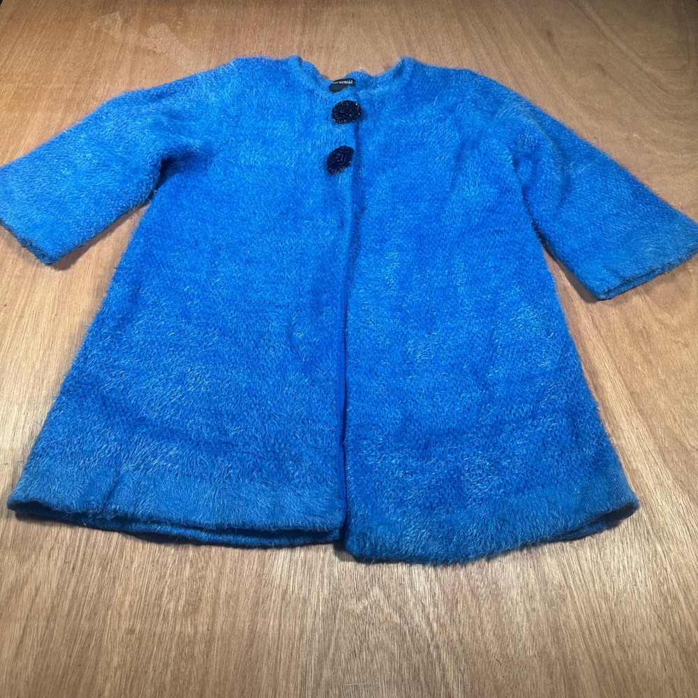 Lauren Michelle Cardigan Sweater Women L Blue Eyelash Knit Rose Button Coat